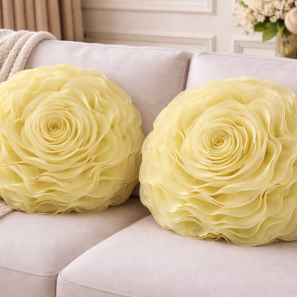 Set of 2 Yellow 3D Rose Chiffon 16" Round Throw Pillows with Inserts